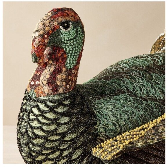 John Derian 2024 Turkey Pillow Beaded Embellished 16"x15" Plush - Picture 2 of 7